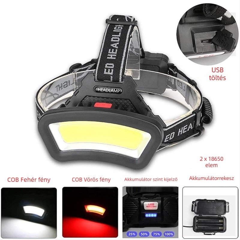 COB LED fejlámpa, kettős üzemmódú világítás, 10W, 2000mAh akkumulátor, kézi energiagenerálás