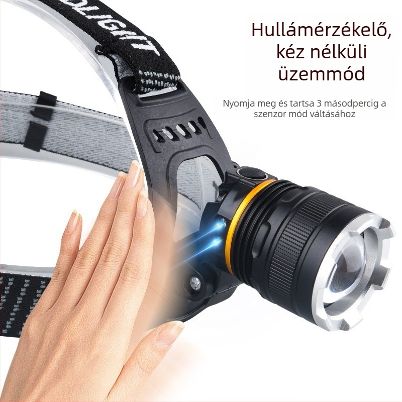 LED fejfény USB töltéssel, állítható fókusz, vízálló, hosszú hatótávolság 500 m fölött