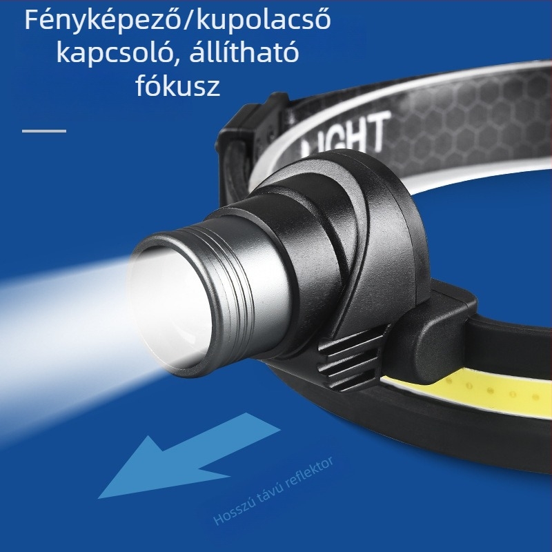 Kültéri LED fejlámpa zoom funkcióval, alumínium ötvözet, újratölthető, 100–200 m hatótáv