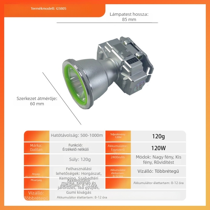 LED fejlámpa, 120W, 2500mAh akkumulátor, újratölthető, hatótáv 100–200 m