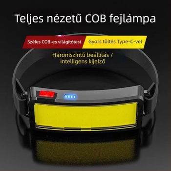 COB LED fejfény, USB-töltéses, vízálló; fényhatótávolság 50–300 m, tömeg 0,1 kg