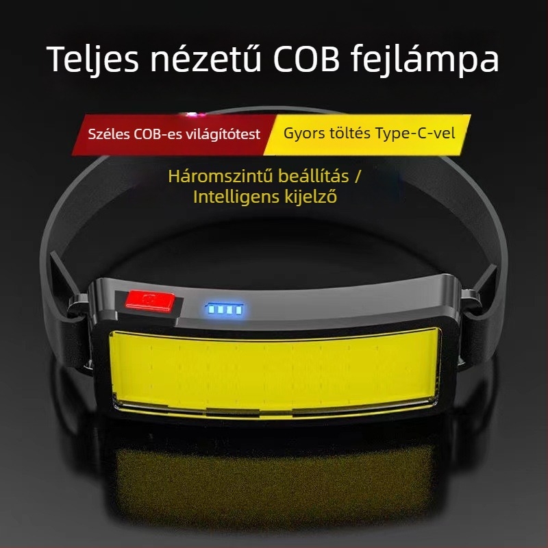 COB LED fejfény, USB-töltéses, vízálló; fényhatótávolság 50–300 m, tömeg 0,1 kg