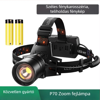 LED fejlámpa, újratölthető, fejre szerelve, zoom funkcióval, horgászathoz és szabadidős használatra, 15 W, 2400 mAh, hatótáv akár 500 m, kézi töltés