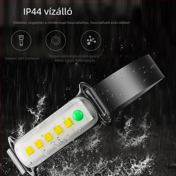 COB LED fejfény kültéri használatra, USB töltésű, 5W, 800 mAh akkumulátor, kézi nyomásos üzem, hatótávolság akár 50 m