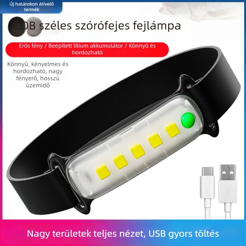 COB LED fejfény kültéri használatra, USB töltésű, 5W, 800 mAh akkumulátor, kézi nyomásos üzem, hatótávolság akár 50 m