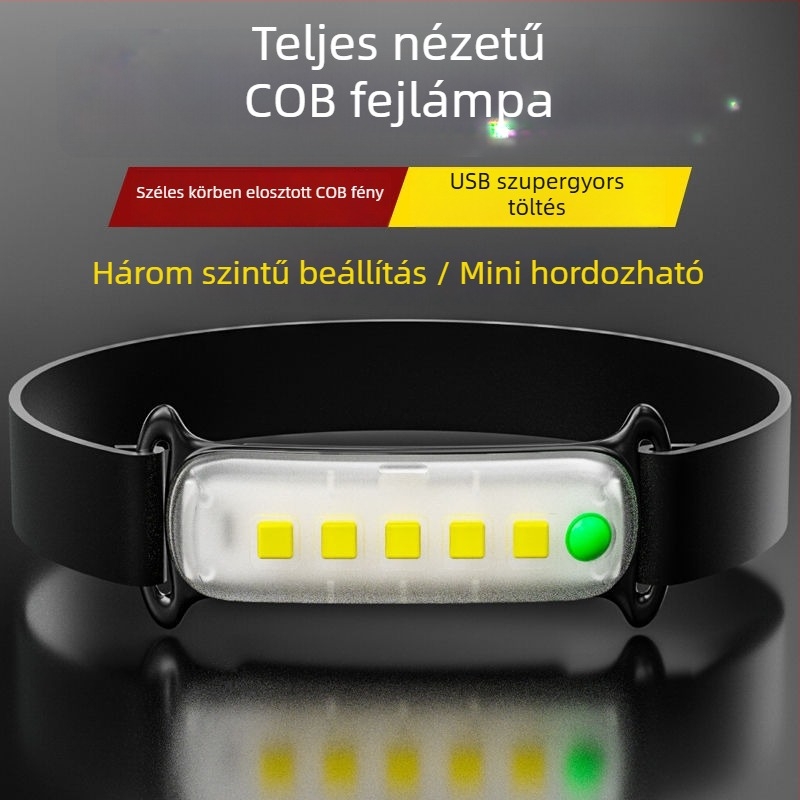 COB LED fejfény kültéri használatra, USB töltésű, 5W, 800 mAh akkumulátor, kézi nyomásos üzem, hatótávolság akár 50 m
