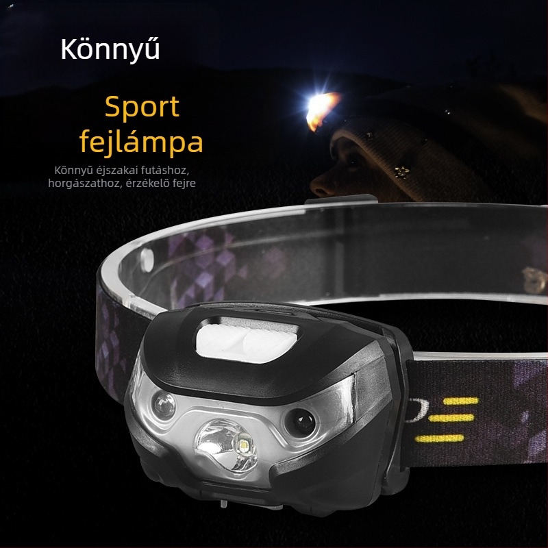 LED fejlámpa | USB töltés, kézi nyomásos működés, ABS ház, 50–100 m fényhatótáv