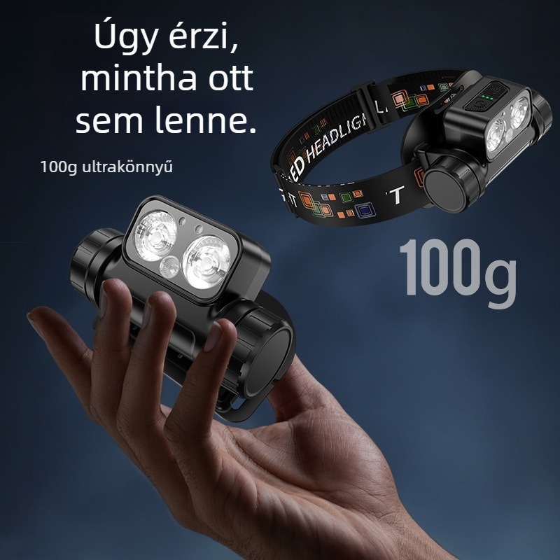 LED fejlámpa ABS tokozással, 3000 mAh akkumulátor, 6 W teljesítmény, LED fényforrás, hatótávolság 100-200 m