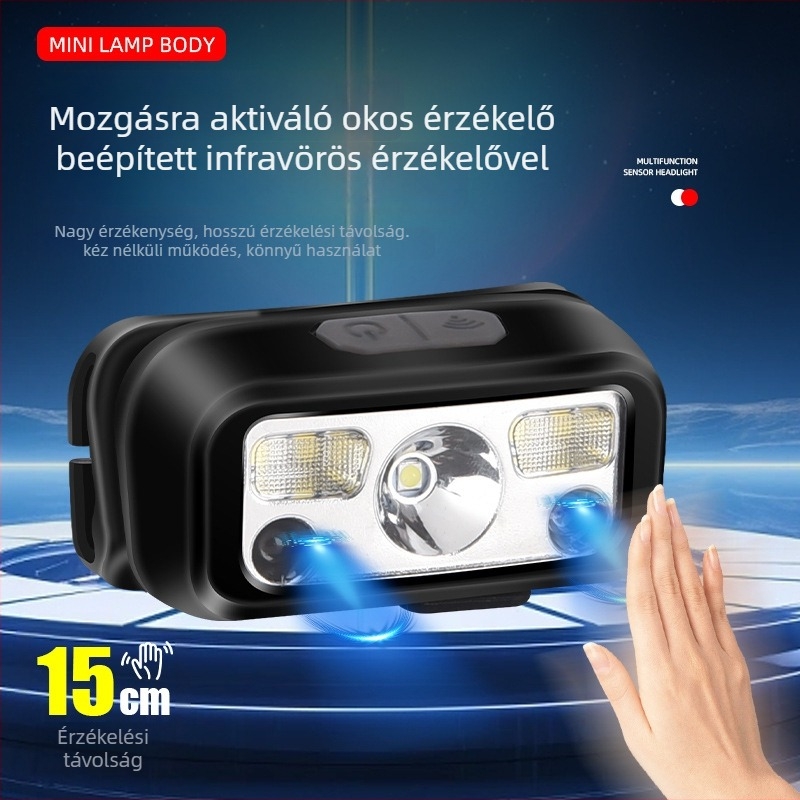 LED-es fejlámpa, újra tölthető, ABS test, hatótáv 200–500 m, logó nyomtatási lehetőség