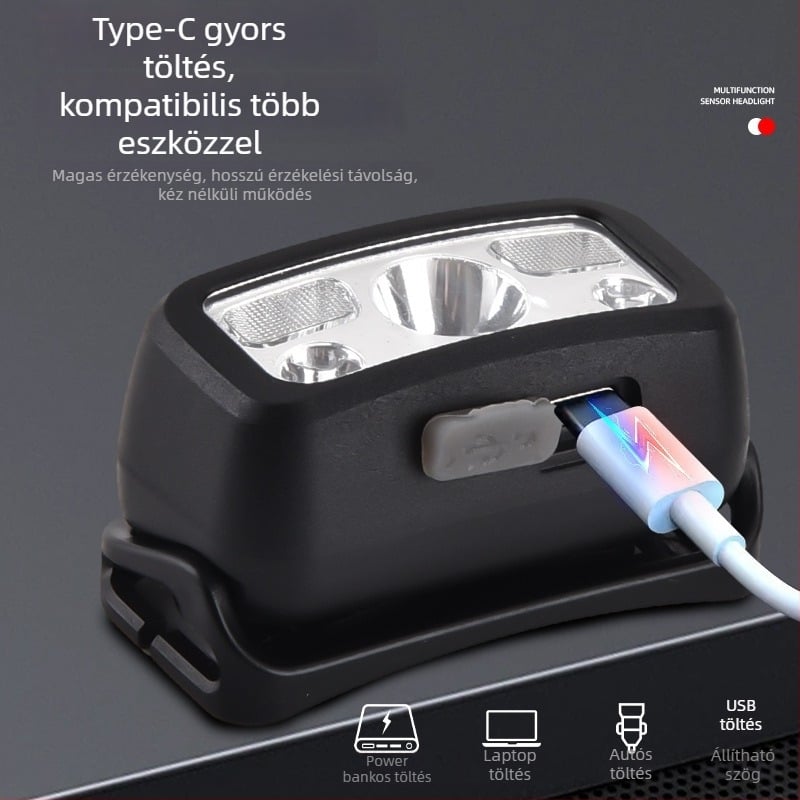 LED-es fejlámpa, újra tölthető, ABS test, hatótáv 200–500 m, logó nyomtatási lehetőség