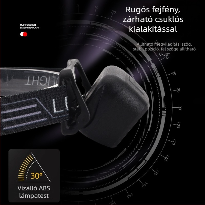 LED-es fejlámpa, újra tölthető, ABS test, hatótáv 200–500 m, logó nyomtatási lehetőség