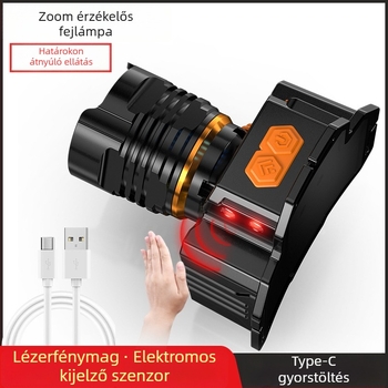 LED nagy teljesítményű újratölthető fejlámpa hosszú hatótávolságú zoommal, 10W LED, 6000mAh akkumulátor, 200–500 m sugár, 360° forgás