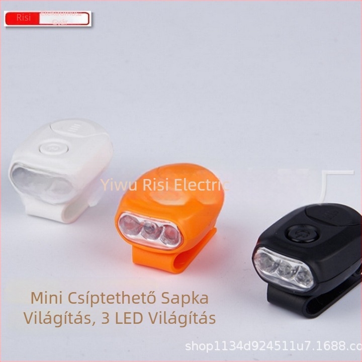 LED sapkára rögzíthető fejlámpa, 3 LED-del, mini hordozható, kézi nyomású működés, 5W, gombelem, hatótáv akár 50 m