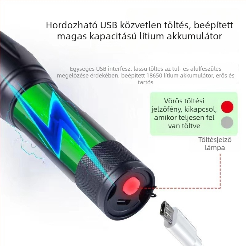 Kézben tartható zseblámpa - 10W LED, 2400 mAh, LED-élettartam 100000 óra, 18650-es akkumulátor, alumínium ötvözet burkolat