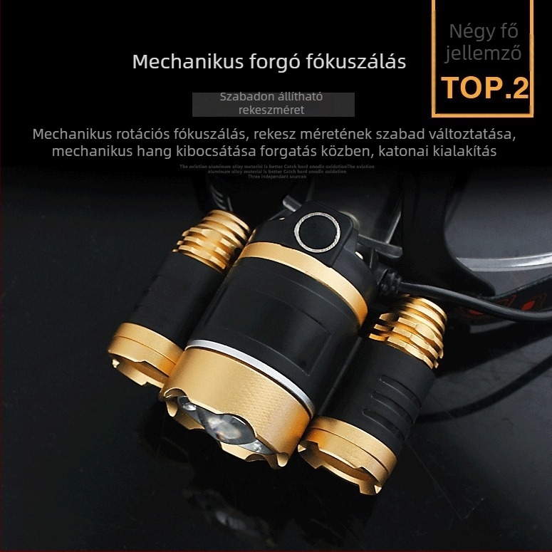 Háromfejű LED fejlámpa kültéri kerékpározáshoz, teleszkópos zoom, fényerő-szabályozás, 360° forgás; 20W, 4800mAh újratölthető