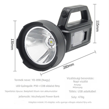 P50 LED zseblámpa kültéri használatra, hordozható, tölthető, 30W, 2200mAh Li-ion akkumulátor, töltés, hatótáv 200–500 m