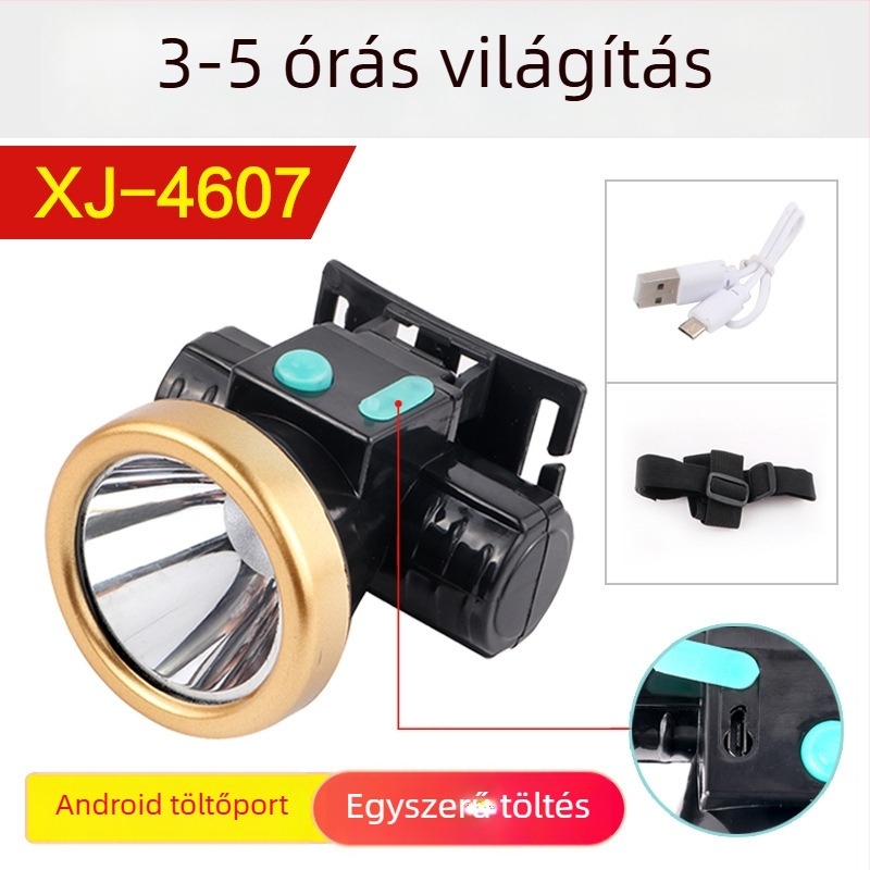 Kültéri LED fejfény — újratölthető, 5W, 600mAh akkumulátor, kézi energiatermelés, LED fény, 100–200 m hatótáv, töltő a csomagban