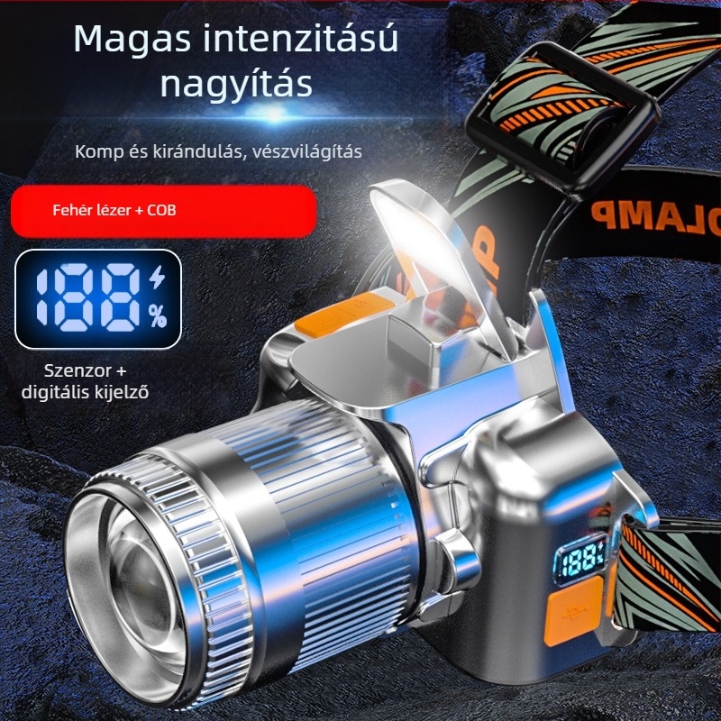 Fejlámpa 10W LED+COB, 360° forgás, Type-C gyors töltés, beépített nagy kapacitású lítium akkumulátor, hatótávolság 200–500 m