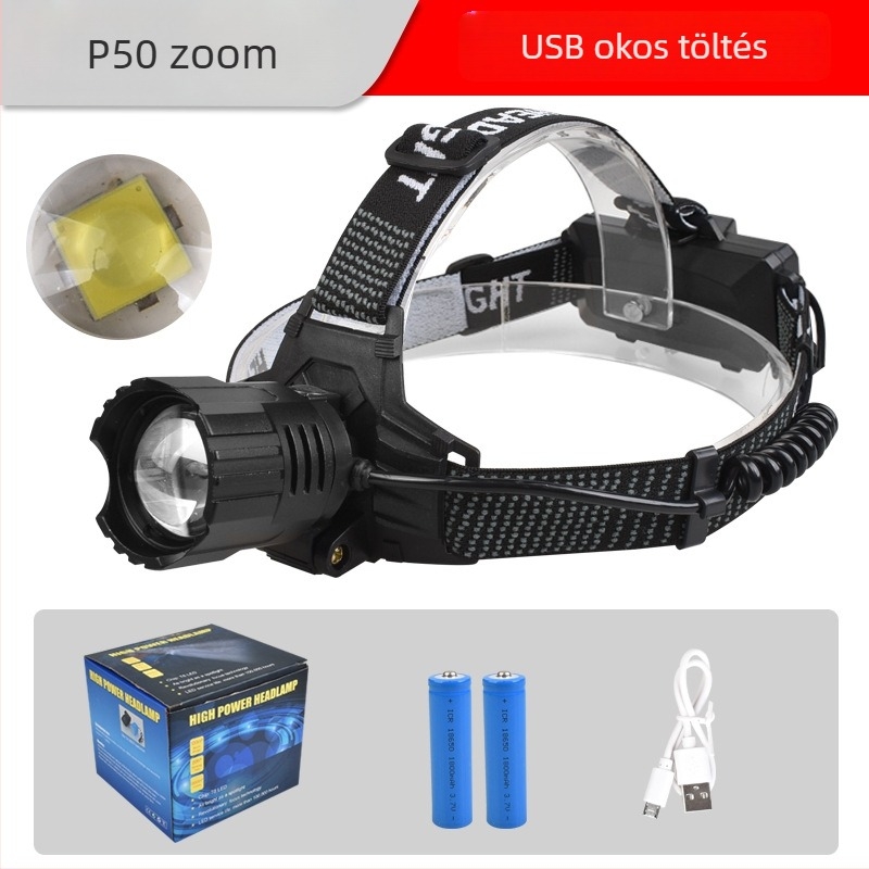 Fejlámpa horgászathoz, alumínium ötvözet, nagy fényerő LED, újratölthető; Modell 8071, súly 175 g, hatótávolság 200–300 m, üzemidő 3 h