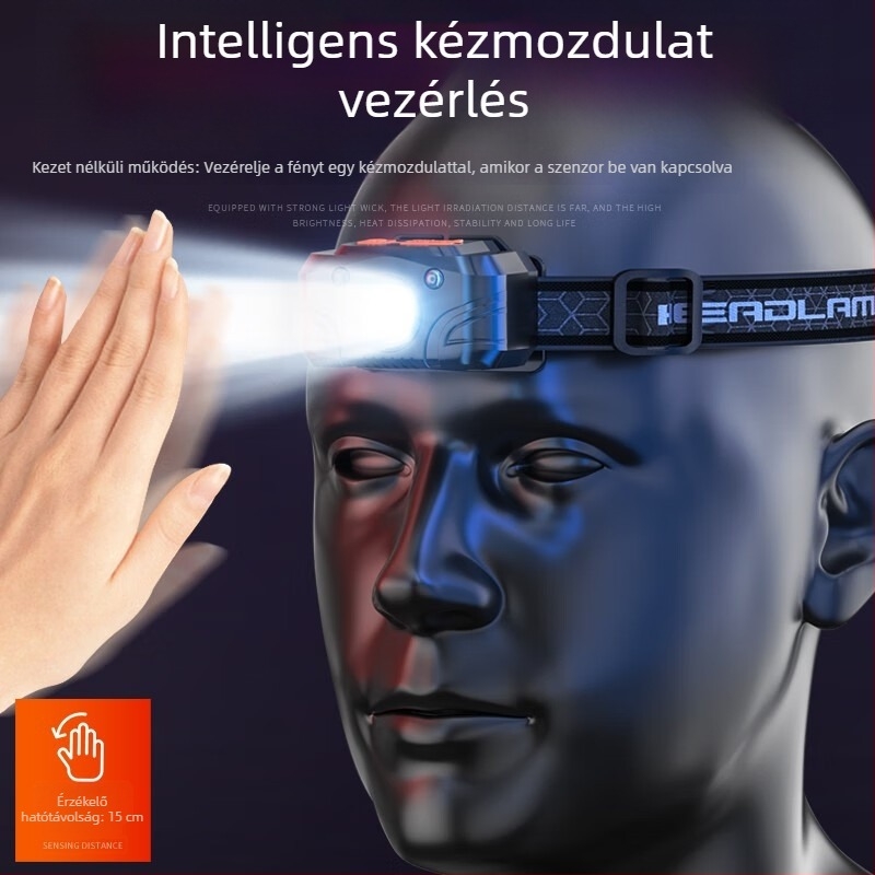 LED fejfény éjszakai horgászathoz, újratölthető, 200 m fénysugár, vízálló, 2-6 h üzemidő, 40 g