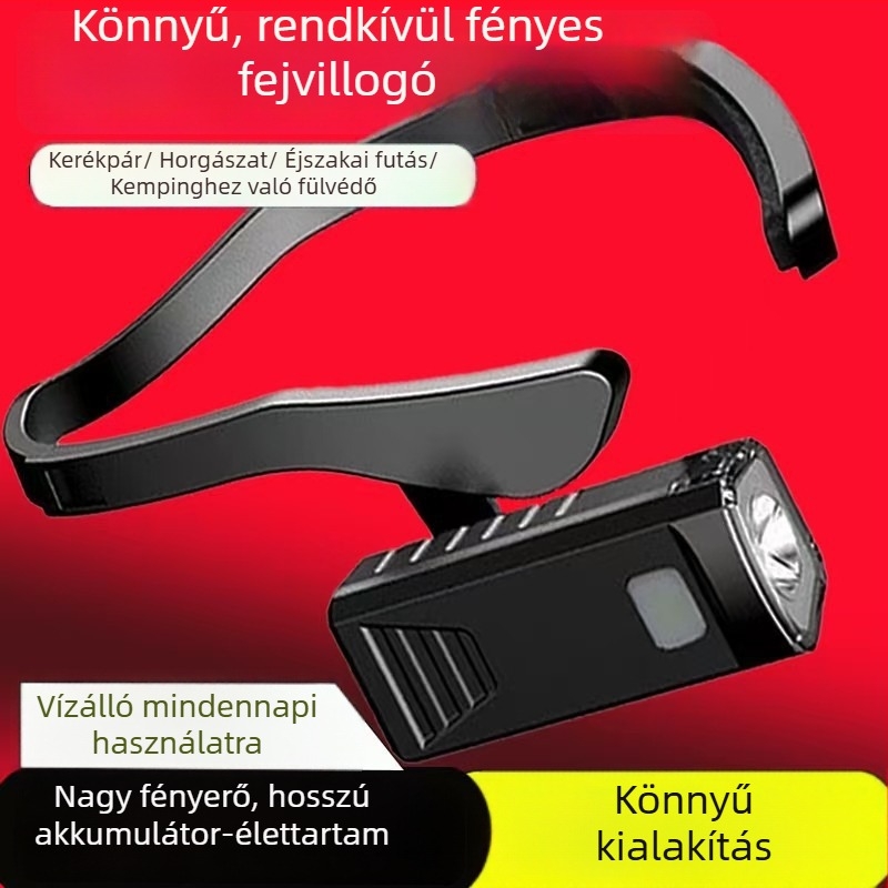 LED fülcsipeszes fejlámpa, Type-C töltés, erős fényerő munka- és horgászatához, oldalsó rögzítés futáshoz, 10W, 500 mAh, hatótávolság 200–500 m