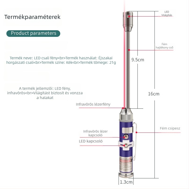 Éjszakai horgász LED csali lámpa alumíniumötvözet testtel, elemről működő, mágneses rögzítés, hatótávolság legfeljebb 50 m