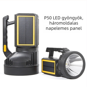 P50 zseblámpa napelemes töltéssel, 10W LED fény, hosszú üzemidő, 200-500 m hatótávolság
