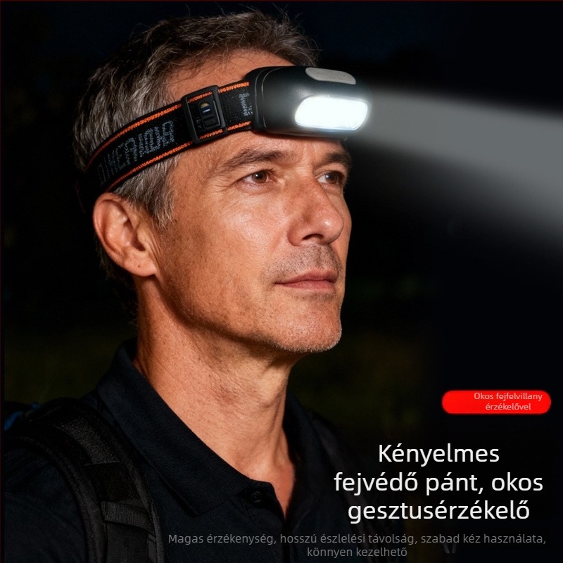 Kültéri szenzoros fejlámpa – vízálló, USB-töltés LED 5 W, 100–200 m fénysugár, kompakt hordozható világítás