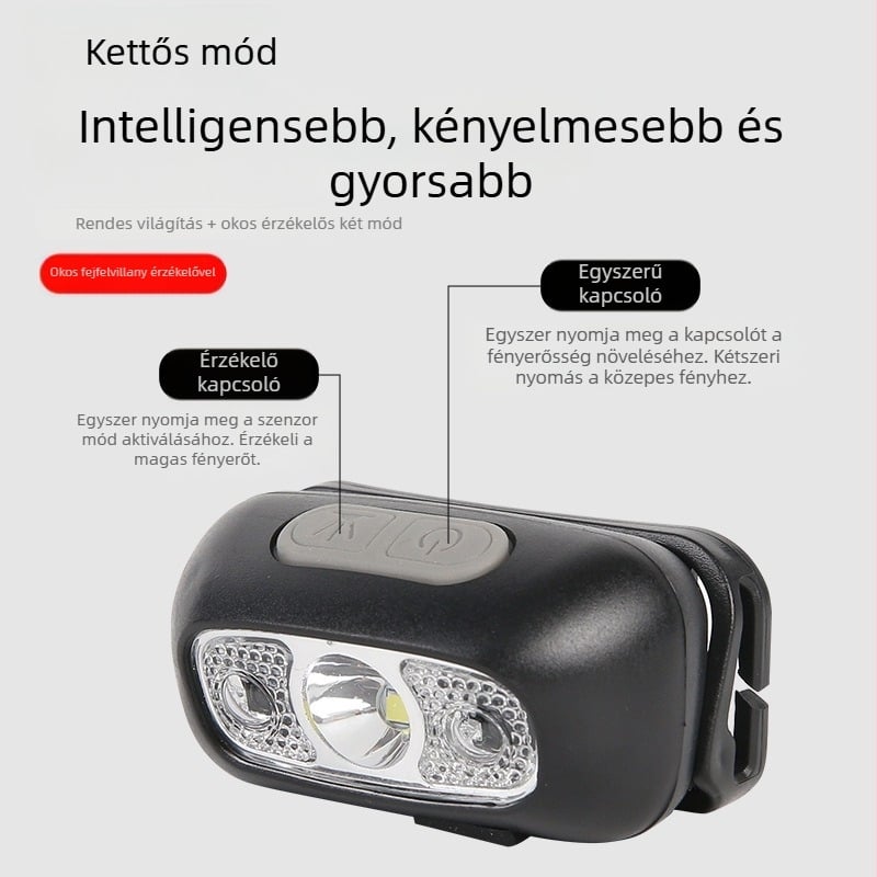 Kültéri szenzoros fejlámpa – vízálló, USB-töltés LED 5 W, 100–200 m fénysugár, kompakt hordozható világítás