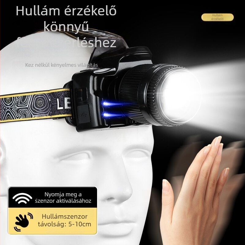 Újratölthető lézerfejlámpa, 4600mAh akkumulátor, 20W, hatótáv 500m+, 360° forgás, ABS ház
