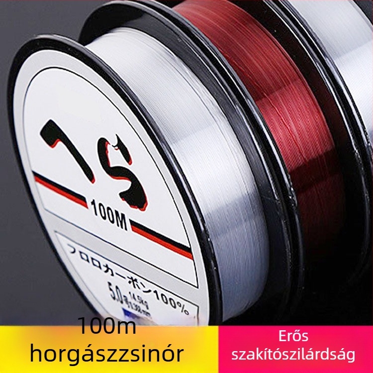 Nylon horgász zsinór, 100 m, fő zsinór és mellékzsinór, átlátszó piros gyöngyökkel