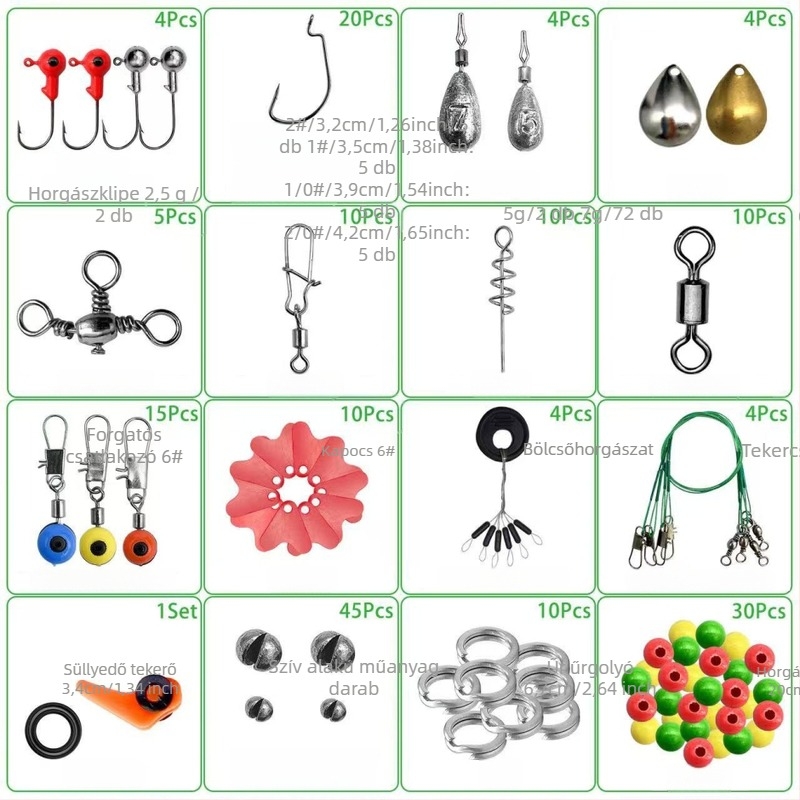 Horgászati kellékek készlet, 187 darab, Crank horgokkal, Space Beads és split gyűrűkkel — ABS anyag