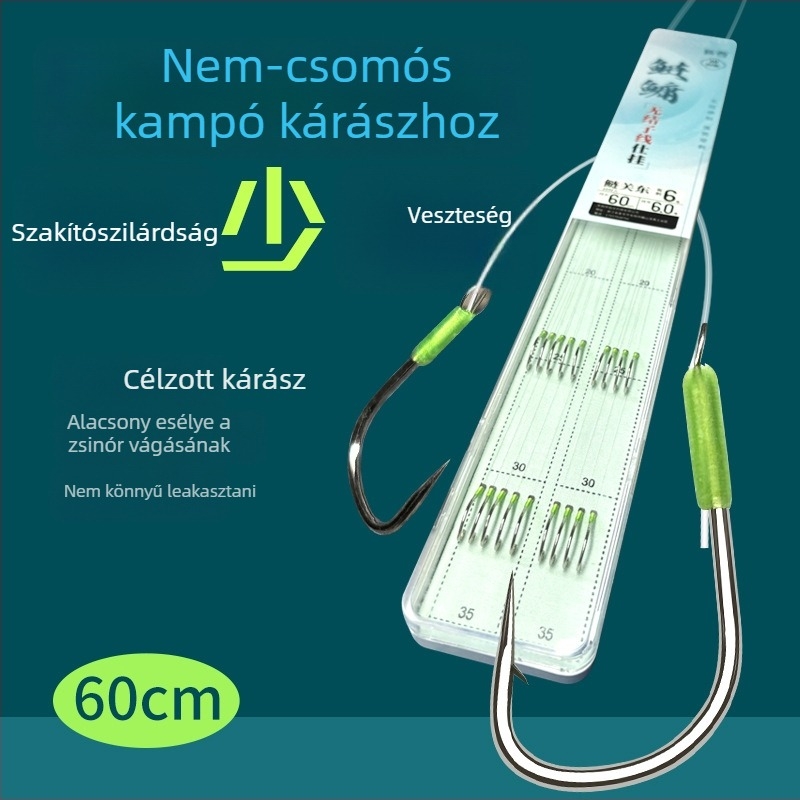 Készen álló előke kettős horoggal, csomó nélkül, nagytestű halakhoz és versenyszerű horgászathoz