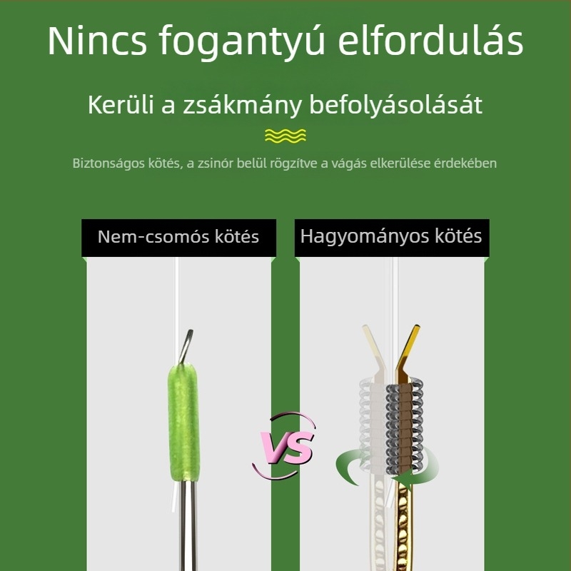 Készen álló előke kettős horoggal, csomó nélkül, nagytestű halakhoz és versenyszerű horgászathoz