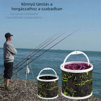 Összecsukható horgászvödör ugrásvédő hálóval, vászonból készült – kültéri használatra és autóban tartható