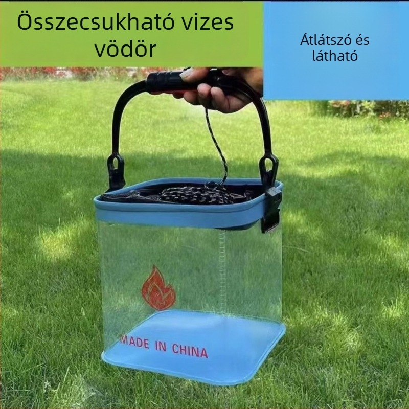 Átlátszó összecsukható vödör horgászathoz, négyszögletes EVA élőhalas vödör, ütésálló és hordozható.