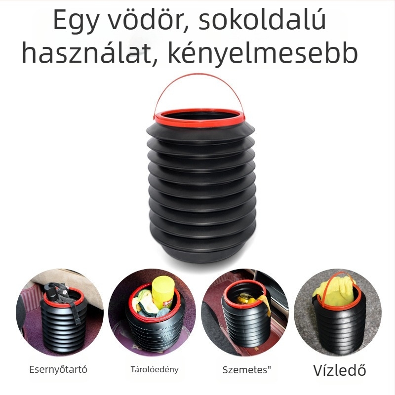 Műanyag autócsomagtartóhoz való összecsukható kerek vödör, fogantyúval