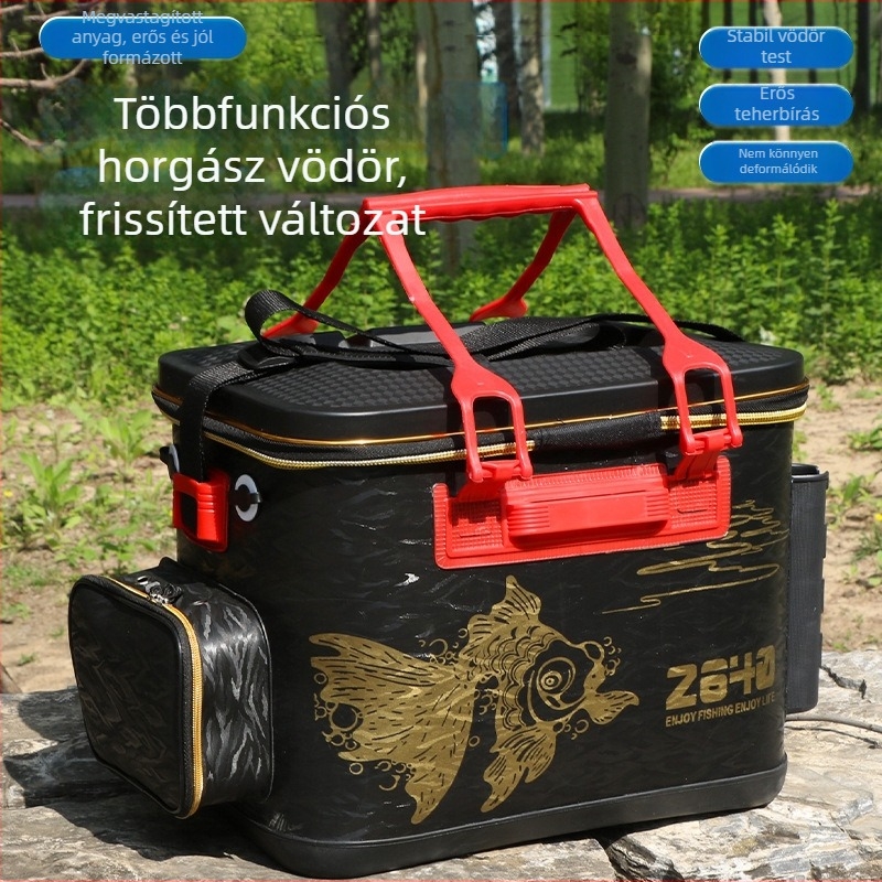 Kemény falú horgászláda, többfunkciós tárolóval, tengeri horgász doboz, csali vödör és bottartó.