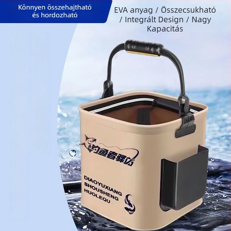Többfunkciós összecsukható halas vödör horgászathoz, hordozható kültéri élő halas doboz (Anyag: EVA; Kapacitás: 8L; Hálós fedél 20 cm)