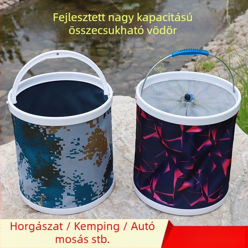 Kültéri horgászathoz tervezett, nagy kapacitású, összecsukható műanyag vödör hálóval és kötéllel, autóban is használható hordozható élőhalas vödör
