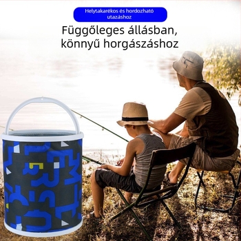 Összecsukható horgászvíz-vödör kötéllel és ugrás elleni hálóval