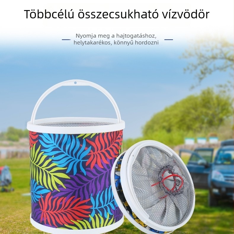 Összecsukható horgászvíz-vödör kötéllel és ugrás elleni hálóval
