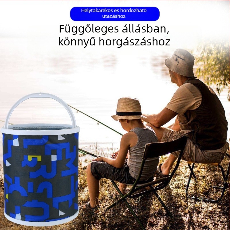 Összecsukható horgászvíz-vödör kötéllel és ugrás elleni hálóval
