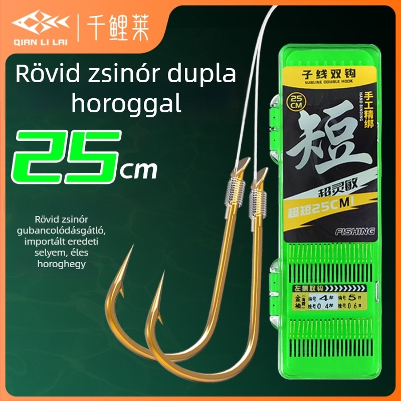 Qianli 25 cm-es rövid előkötés kettős horgokkal, előkötve, arany és piros hüvely