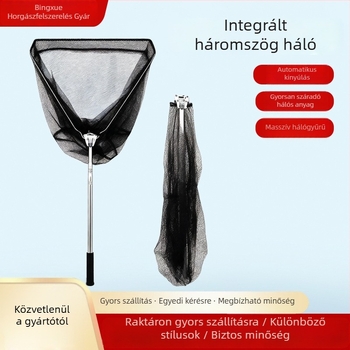 Háromszög alakú horgász háló teleszkópos rúddal, integrált hajtogatható kialakítás, rozsdamentes acél háló, mélység 30