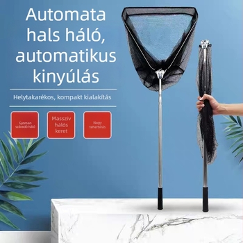 Háromszög alakú horgász háló teleszkópos rúddal, integrált hajtogatható kialakítás, rozsdamentes acél háló, mélység 30