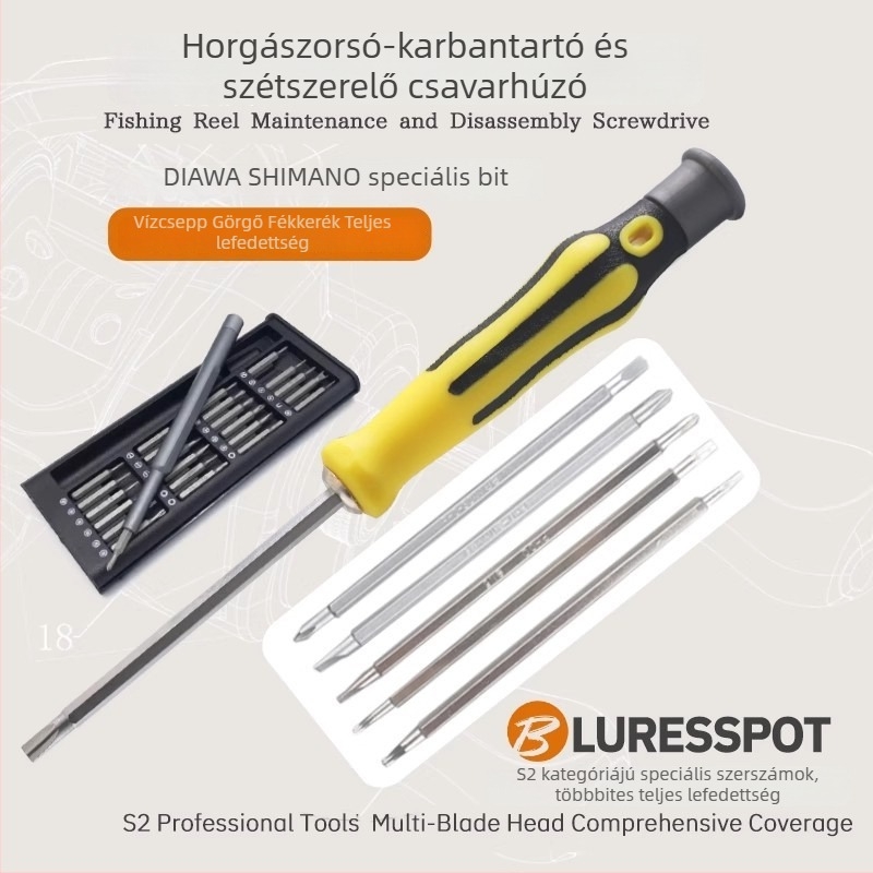 Többcélú orsó-karbantartó eszköz – S2 szerszámacél, Shimano/Dawa kompatibilis, domború fejű csavarhúzó és kiemelkedő fejű csavarhúzó