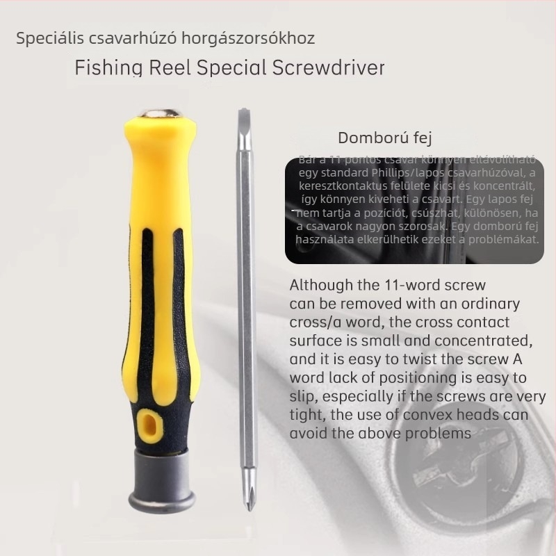 Többcélú orsó-karbantartó eszköz – S2 szerszámacél, Shimano/Dawa kompatibilis, domború fejű csavarhúzó és kiemelkedő fejű csavarhúzó