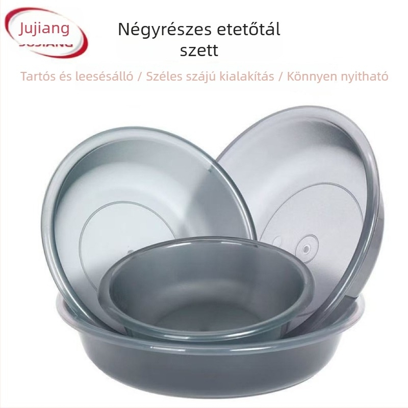 Horgászathoz készült négy részes etetőanyag-keverő készlet, tapadásmentes keverőtál, összecsukható keverődoboz és etetőedény.