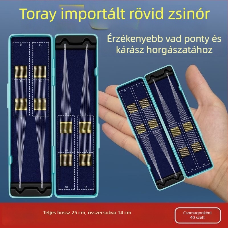 40 darabos dobozolt aranyozott horogkészlet előre kötött rövid előtétessel, dupla horoggal, készen áll a vadvízi pontyhorgászatra, 25 cm